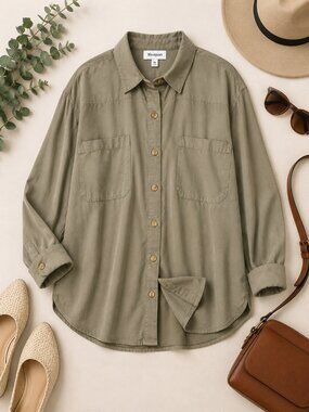 Westport XL Olive Green Modal Button Down Shirt Oversized Utility Blouse